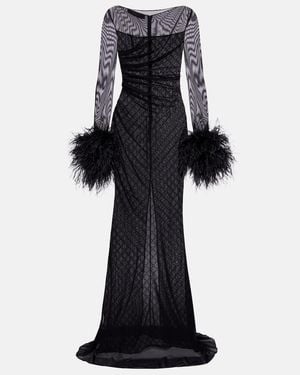 Gucci Gg Feather-Trimmed Sheer Gown - Black