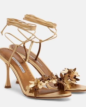 Manolo Blahnik Anista Floral-Applique Leather Sandals - Metallic