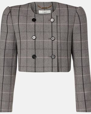 Chloé Checked Cropped Wool Jacket - Grey