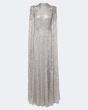 Jenny Packham Dakota Embellished Caped Gown - Gray