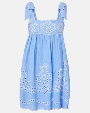 Juliet Dunn Broderie Anglaise Scalloped Cotton Minidress - Blue