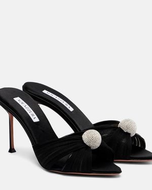 Aquazzura Mystery 85 Embellished Leather-Trimmed Satin Mules - Black