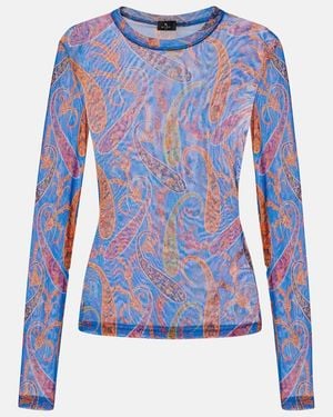 Etro Semi-Sheer Velvet-Trimmed Tulle Top - Blue