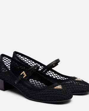 Prada Leather-Trimmed Mesh Mary Jane Pumps - Black