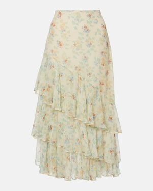 Ulla Johnson Falda Midi Meadow De Chifon De Seda Floral - Blanco