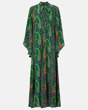 Etro Paisley Tie-Neck Silk Maxi Dress - Green