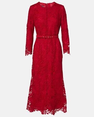 Monique Lhuillier Belted Lace Midi Dress - Red