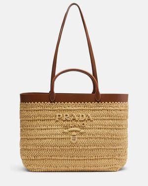 Prada Bolso Medium De Rafia Con Piel - Marrón