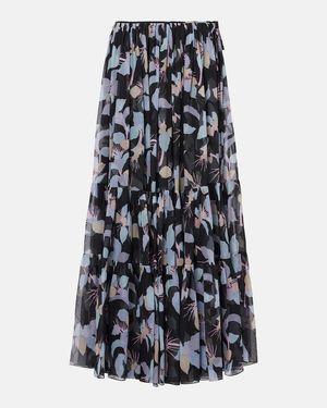Chloé Floral Pleated Silk Maxi Skirt - Blue