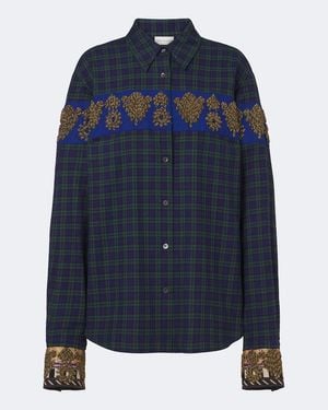Dries Van Noten Checked Embroidered Cotton Flannel Shirt - Blue