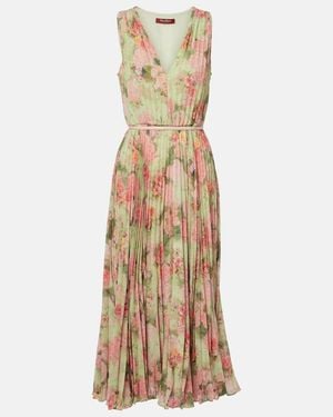 Max Mara Floral Plisse Georgette Midi Dress - Metallic