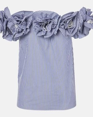 Carolina Herrera Floral-Applique Striped Cotton Top - Blue