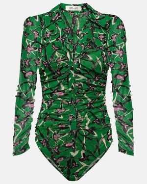 Diane von Furstenberg Giorgi Printed Mesh Bodysuit - Green