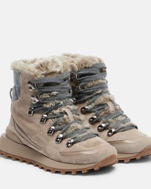 Brunello Cucinelli Monili Shearling-Trimmed Suede Ankle Boots - Grey