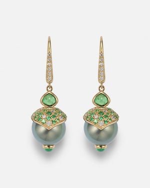 Marina B Ohrringe Aus 18Kt Gelbgold Mit Diamanten, Tsavorit Und Suesswasserperlen - Grün