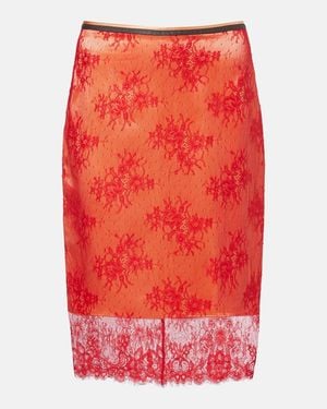 JACQUES WEI Embroidered Leather-Trimmed Lace Midi Skirt