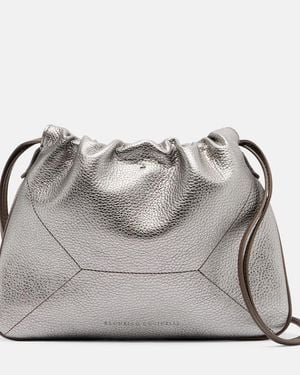 Brunello Cucinelli Monili Small Metallic Leather Crossbody Bag - Grey