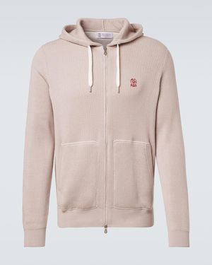 Brunello Cucinelli Logo Ribbed-Knit Cotton Zip-Up Hoodie - Pink