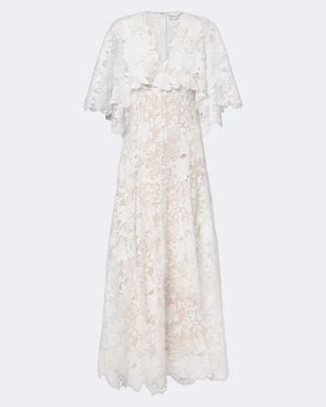 Oscar de la Renta Caped Floral Guipure Lace Gown - White