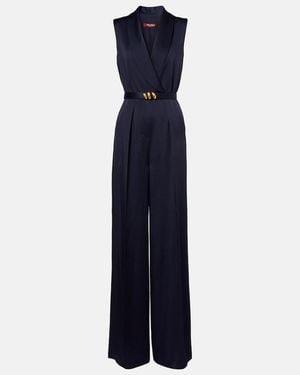 Max Mara Elegante Belted Satin Jumpsuit - Blue