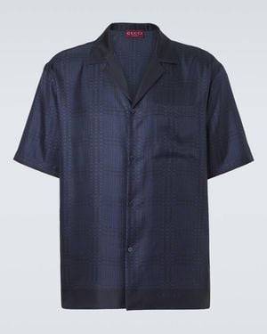 Gucci Camisa Bowling De Sarga De Seda Con Gg - Azul