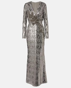 Elie Saab Floral-Applique Sequined Silk-Blend Gown - Gray