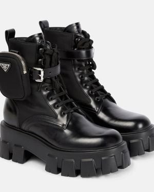 Prada Monolith Lace-Up Boots With Pouch - Black