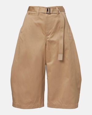 Sacai Belted Cropped Cotton Barrel-Leg Pants - Natural