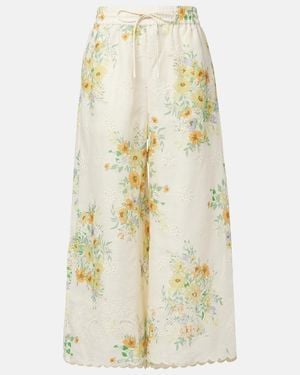 ALÉMAIS Juliette Floral Linen Wide-Leg Trousers - White