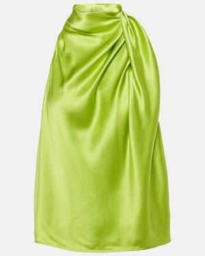 The Sei Draped High-Neck Silk Satin Top - Green
