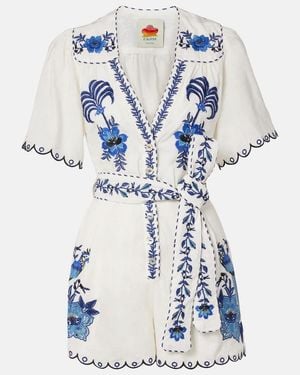 FARM Rio Embroidered Linen-Blend Romper - Blue