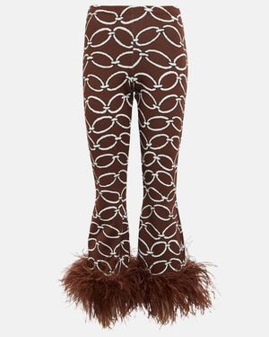 Valentino Feather-Trimmed Printed Pants - Brown