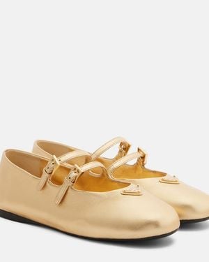 Prada Metallic Leather Mary Jane Flats - Natural