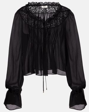 Chloé Gathered Lace-Trimmed Silk Georgette Blouse - Black