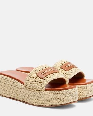 Versace Logo Raffia Platform Espadrille Slides - Natural