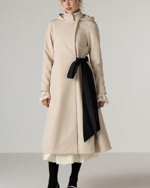 RainSisters Double Breasted Coat With Trapeze Cut With A Bow - Natural
