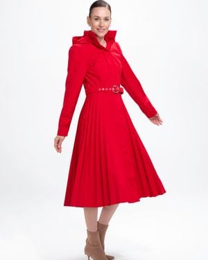 RainSisters Fit And Flare A-Line Coat With Pleated Skirt - Red