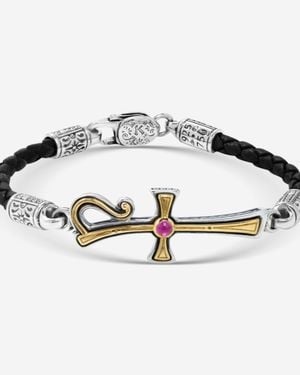 Konstantino Dome Sterling & 18K Corundum Leather Bracelet Bkj701-538-Blk - Metallic