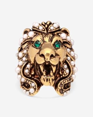 Gucci Tone Brass Crystal & Pearl Lion Head Ring Sz. 5.25 Ybc404840001 - Metallic