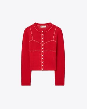 Tory Burch Cotton And Nylon Mesh Cardigan - Red
