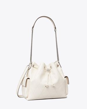 Tory Burch Charlie Quilted Drawstring Shoulder Bag - White