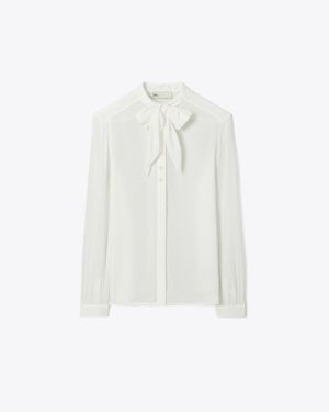 Tory Burch Bow Semi-Sheer Georgette Blouse - White
