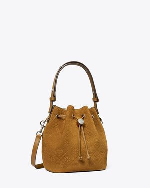 Tory Burch T Monogram Suede Bucket Bag - Brown