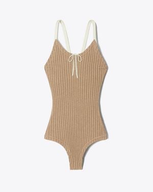 Tory Burch Colourblock Ribbed Bodysuit - Natural