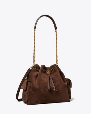 Tory Burch Charlie Quilted Suede Drawstring Shoulder Bag - Brown