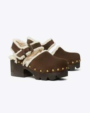 Tory Burch Studded Suede Faux Shearling Clog Boots - Brown