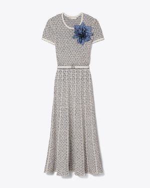 Tory Burch Floral Appliqué Knit Dress - Grey