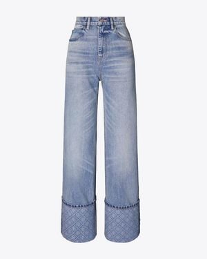 Tory Burch Contrast Cuff Straight Leg Jean - Blue
