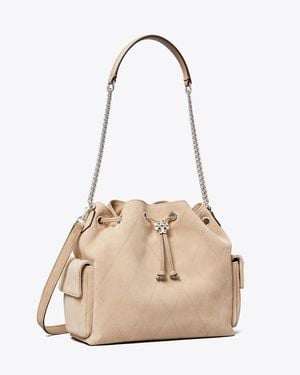 Tory Burch Charlie Quilted Suede Drawstring Shoulder Bag, One Size - Natural