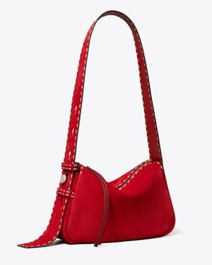 Tory Burch Small Romy Suede Pick Stitch Shoulder Bag - Red